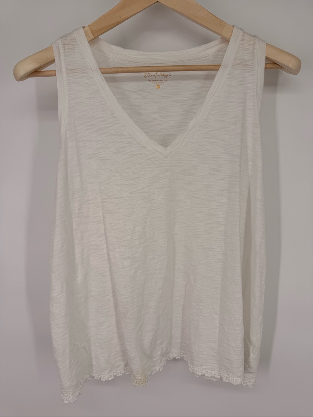 Lilly Pulitzer 100% Pima Cotton White V-Neck Tank Top with Lace Trim Size XL